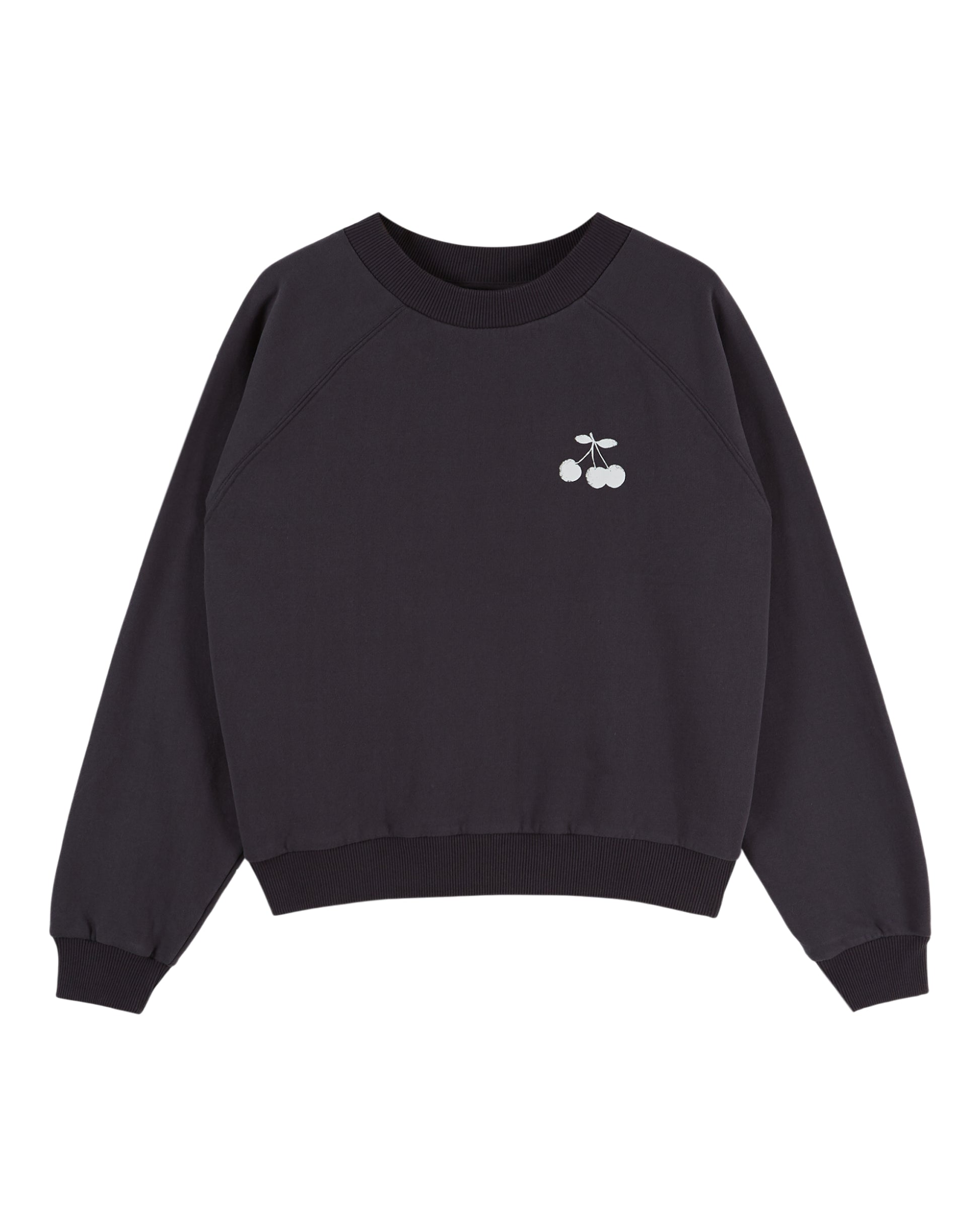 A black crewneck sweatshirt with raglan sleeves, featuring a small white embroidered cherry graphic on the left chest, displayed against a solid white background.