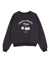 A black crewneck sweatshirt featuring a white graphic print of cherries on the front with the text 'Chèrie cherry' and 'GRENADAS COFFEE'.