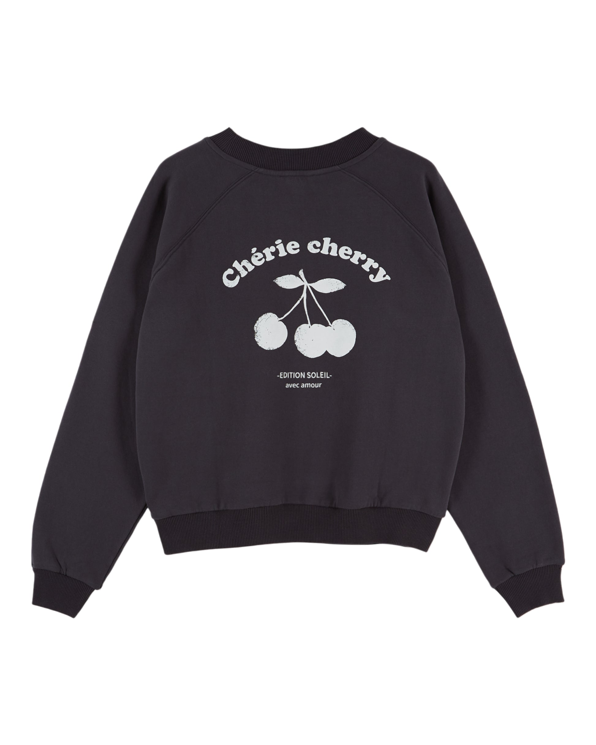 A black crewneck sweatshirt featuring a white graphic print of cherries on the front with the text 'Chèrie cherry' and 'GRENADAS COFFEE'.