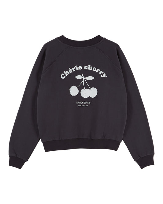A black crewneck sweatshirt featuring a white graphic print of cherries on the front with the text 'Chèrie cherry' and 'GRENADAS COFFEE'.