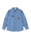 white and blue striped shirt with embroidery on a white background