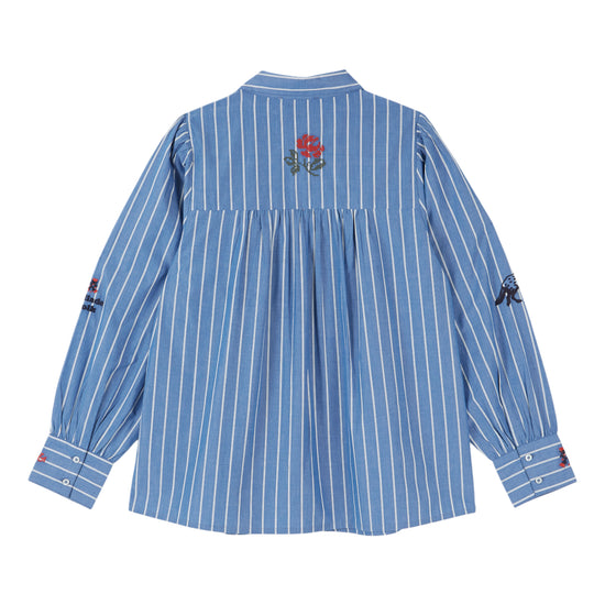 white and blue striped shirt with embroidery on a white background rear view