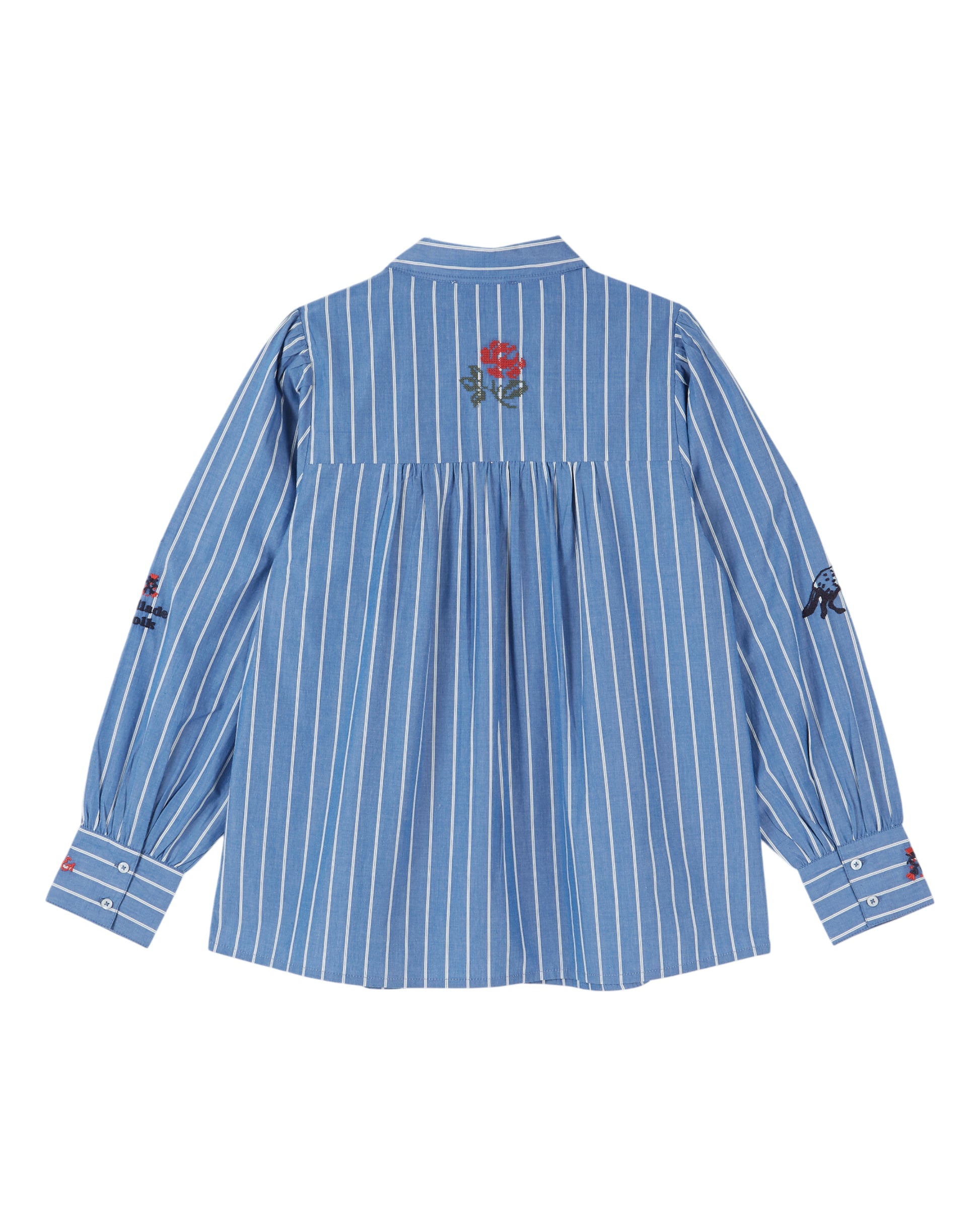 white and blue striped shirt with embroidery on a white background rear view
