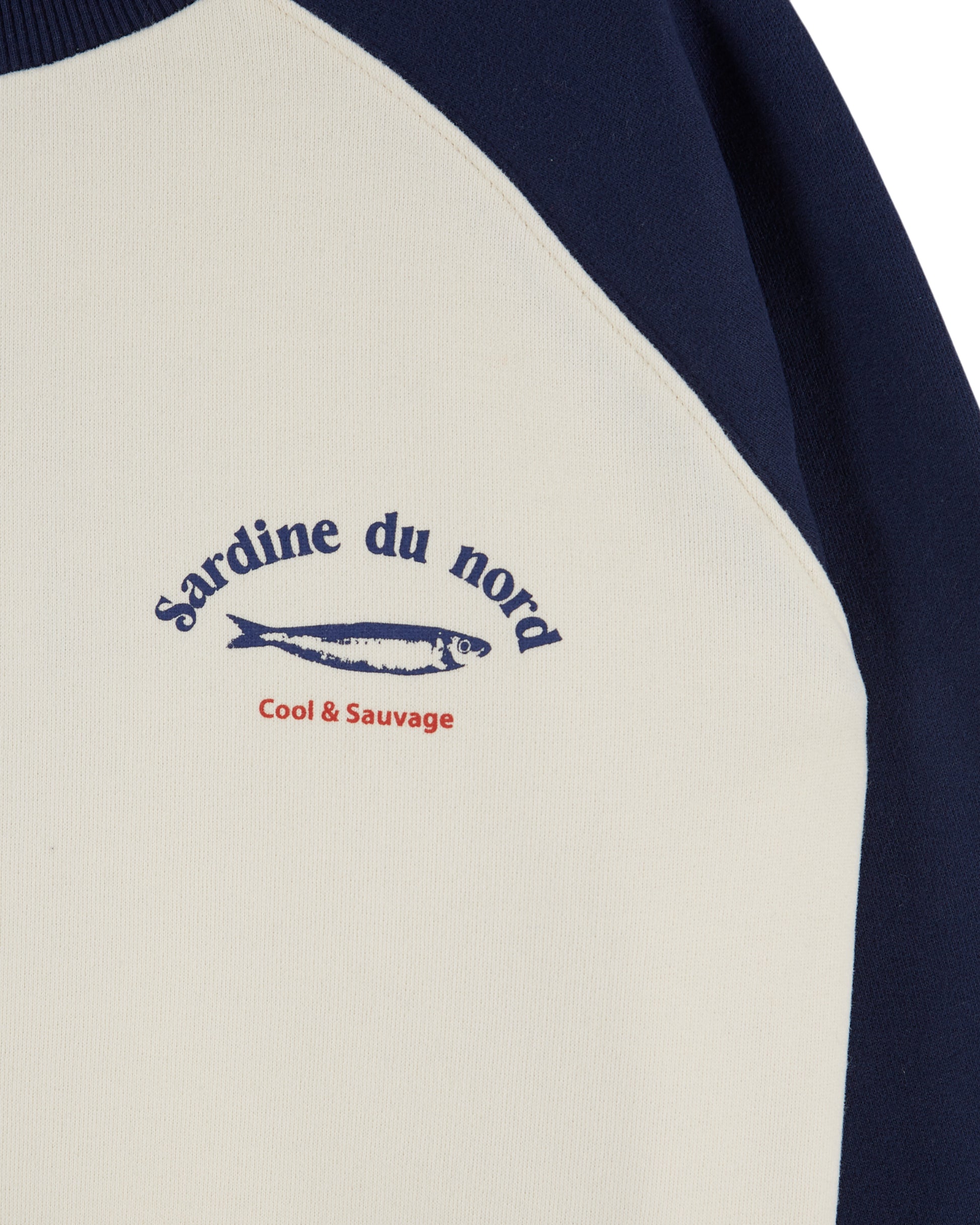 close up of fish detail on blue and white sweatshirt