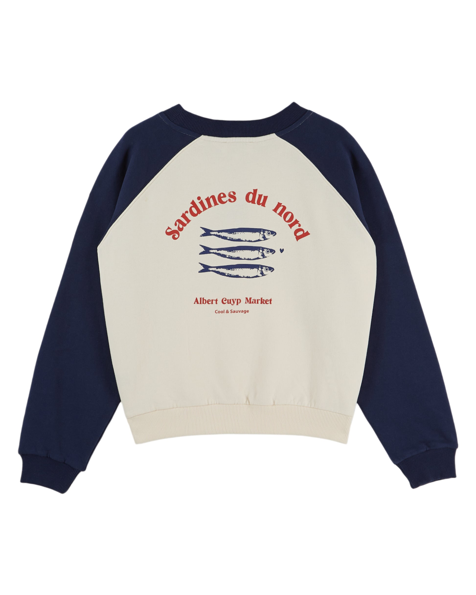 blue and white sweatshirt with fish detail on white background