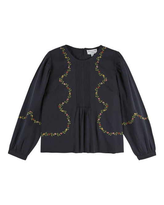 black blouse with flower embroidery on white background