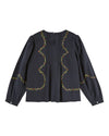 A dark charcoal gray long-sleeve blouse with wavy, scalloped floral embroidery in green, yellow, and red along the neckline and sleeves, shown against a plain white background.