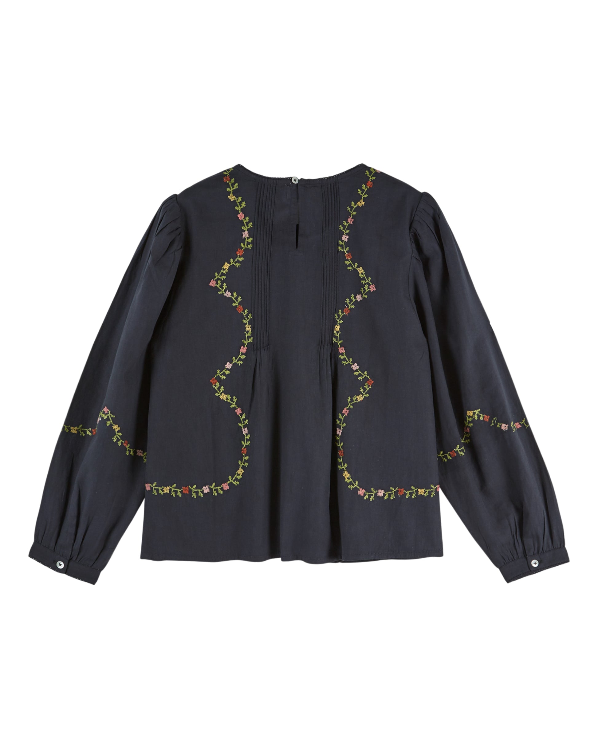 A dark charcoal gray long-sleeve blouse with wavy, scalloped floral embroidery in green, yellow, and red along the neckline and sleeves, shown against a plain white background.