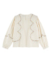 cream blouse with flower embroidery on white background rear view