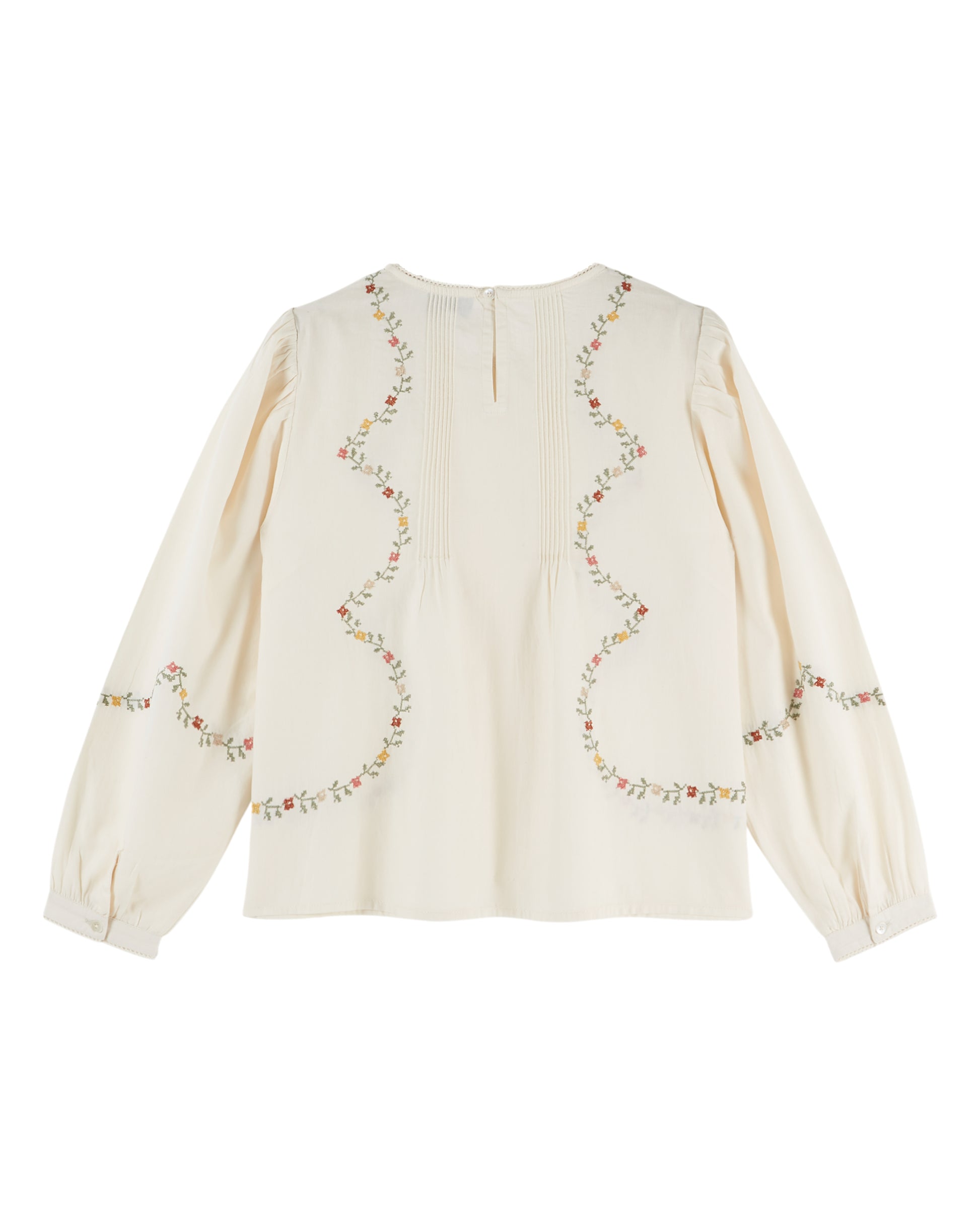 cream blouse with flower embroidery on white background rear view