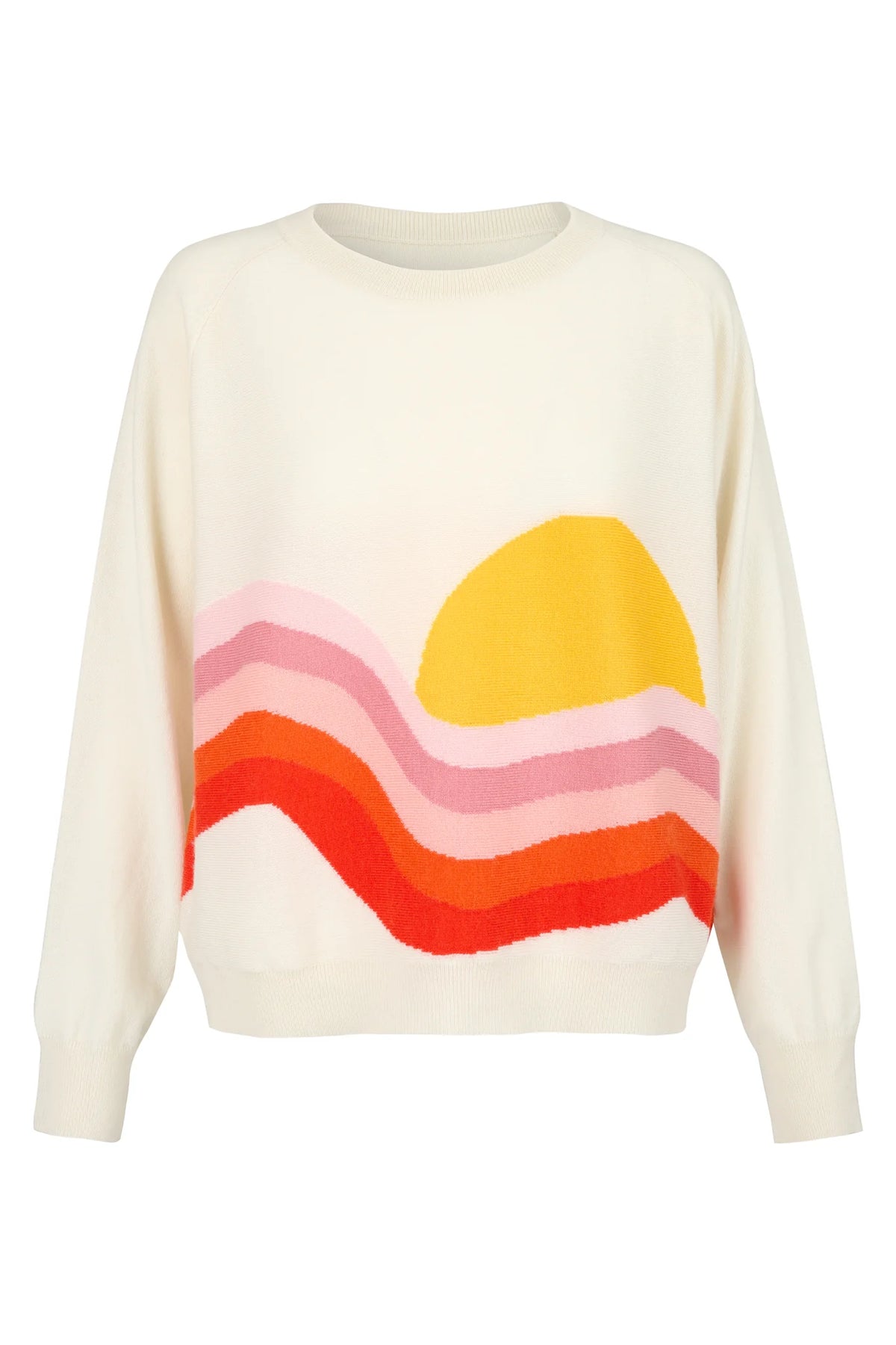 Cream crew neck jumper with orange and pink wave design and yellow sun on front