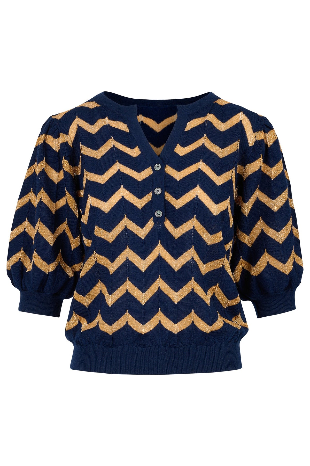 Navy blue and gold short sleeved chevron top with a notch neck and 3 button fastening