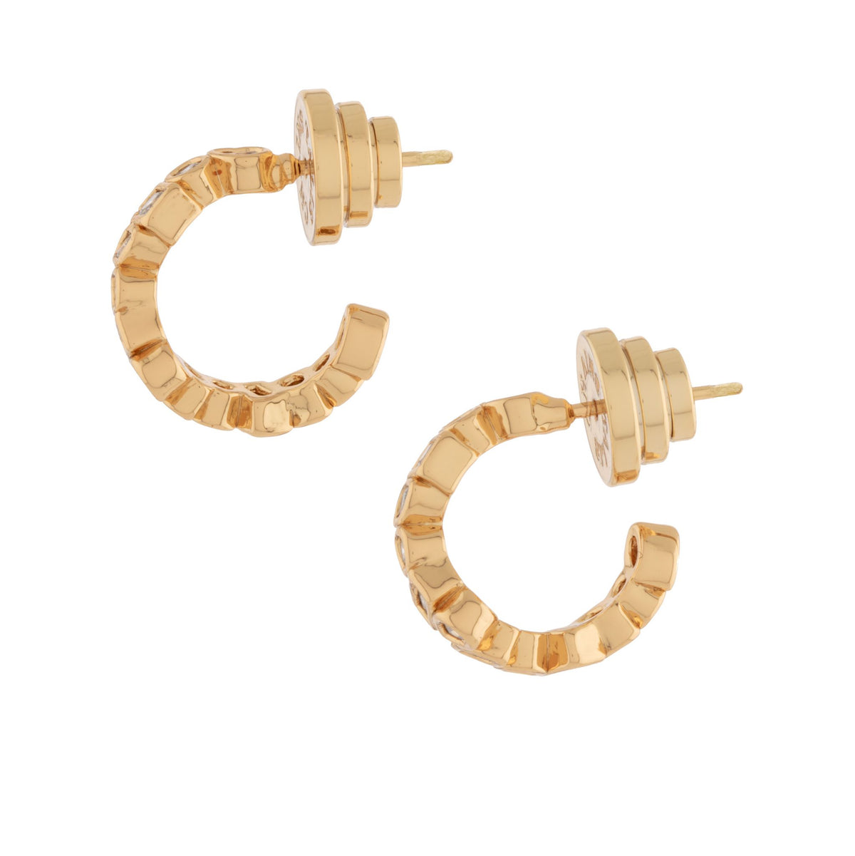 gold plated brass base metal huggie hoops earrings with cz stones side view