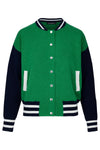 Knitted green bomber jacket with navy sleeves and white details with silver popper closures