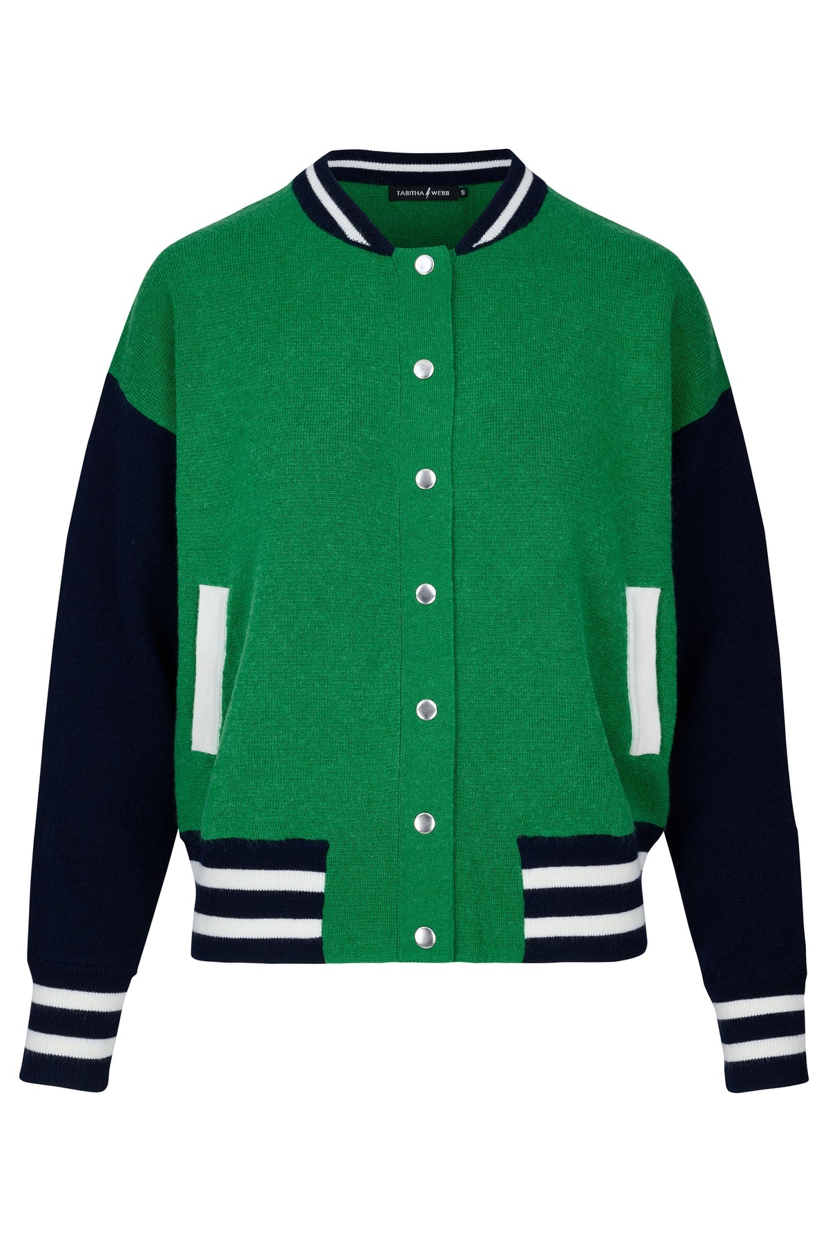 Knitted green bomber jacket with navy sleeves and white details with silver popper closures