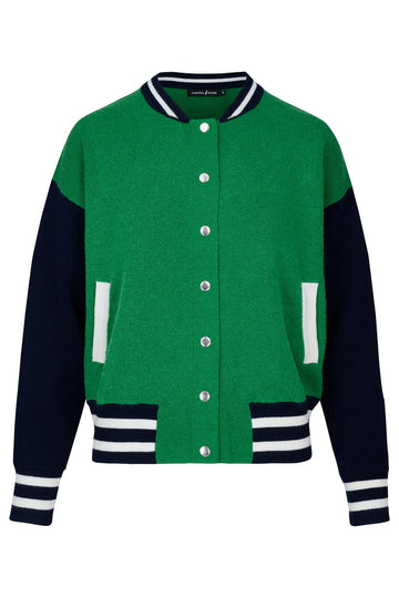 Knitted green bomber jacket with navy sleeves and white details with silver popper closures