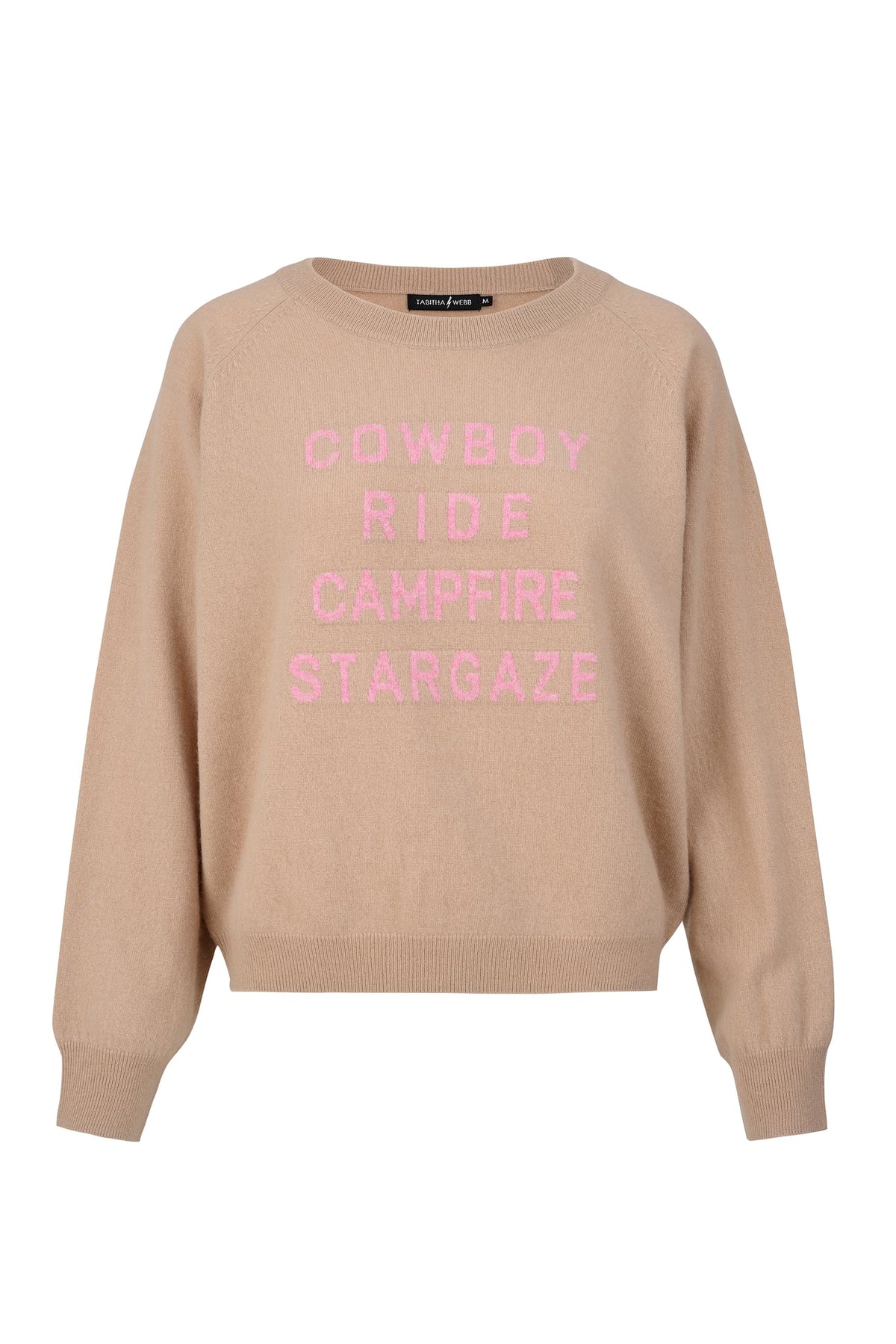 Wool and cashmere blend jumper with cowboy ride campfire stargaze slogan in pink 