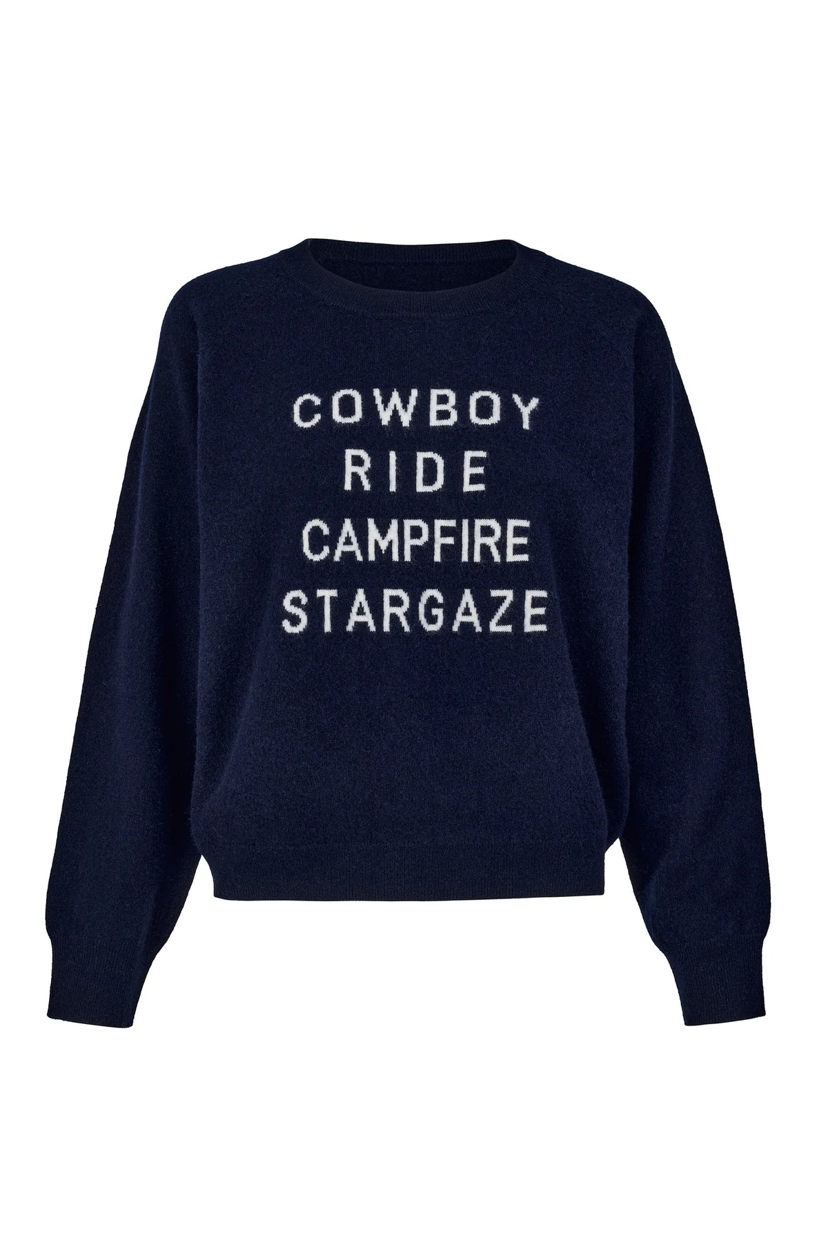 Navy wool and cashmere blend round neck jumper with cowboy slogan in navy and grey