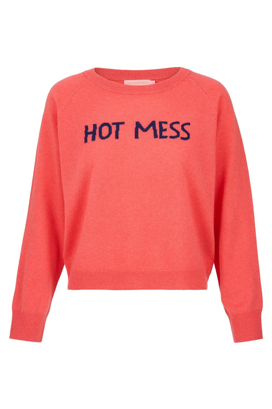 Coral sweatshirt with 'HOT MESS text on chest on a white background from tabitha Webb