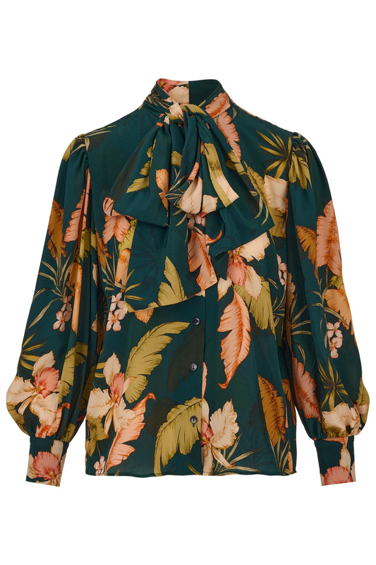 silk pussybow teal blouse with botanical colourful print from tabitha webb