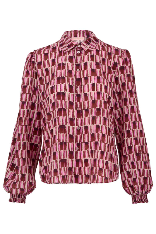 pink geometric silk blouse with half button placket and removable tie from tabitha webb 