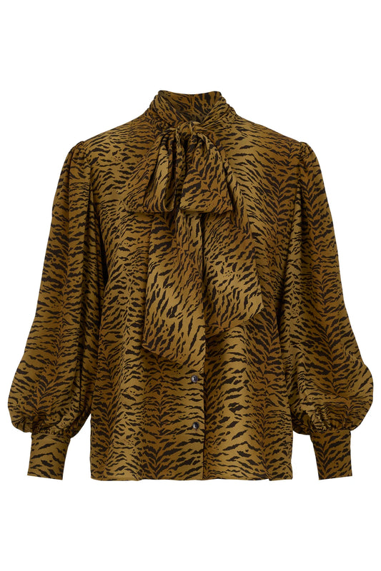 tiger print blouse with pussy bow at the neck, deep cuffs and collar from tabitha webb