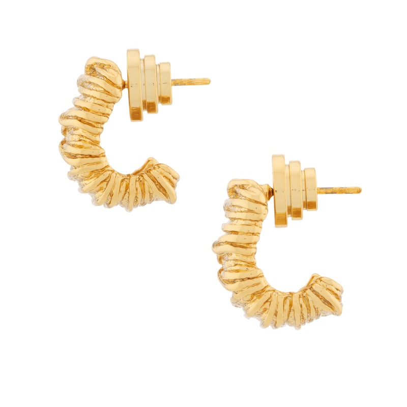 Side view of textured nugget shaped earring gold plated