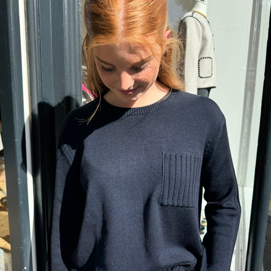 navy merino wool jumper with front patch pocket 