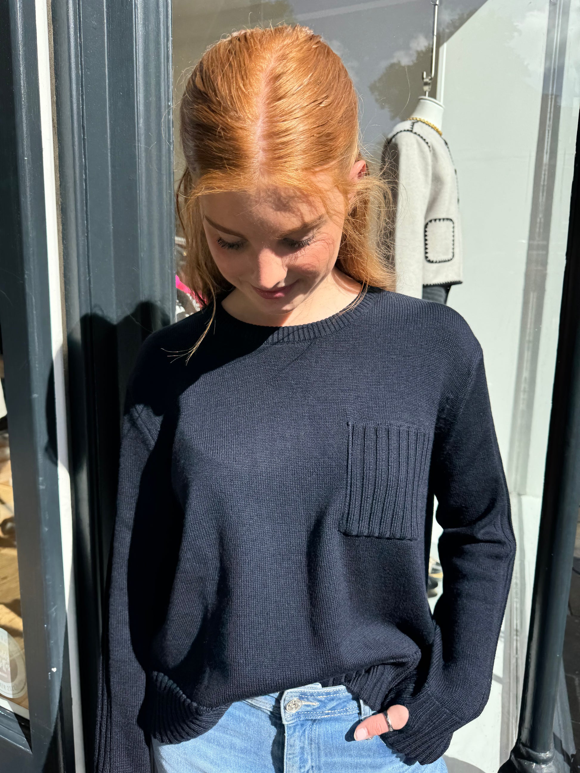 navy merino wool jumper with front patch pocket 