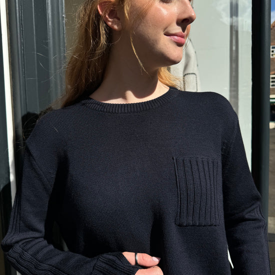 navy merino wool jumper with front patch pocket 