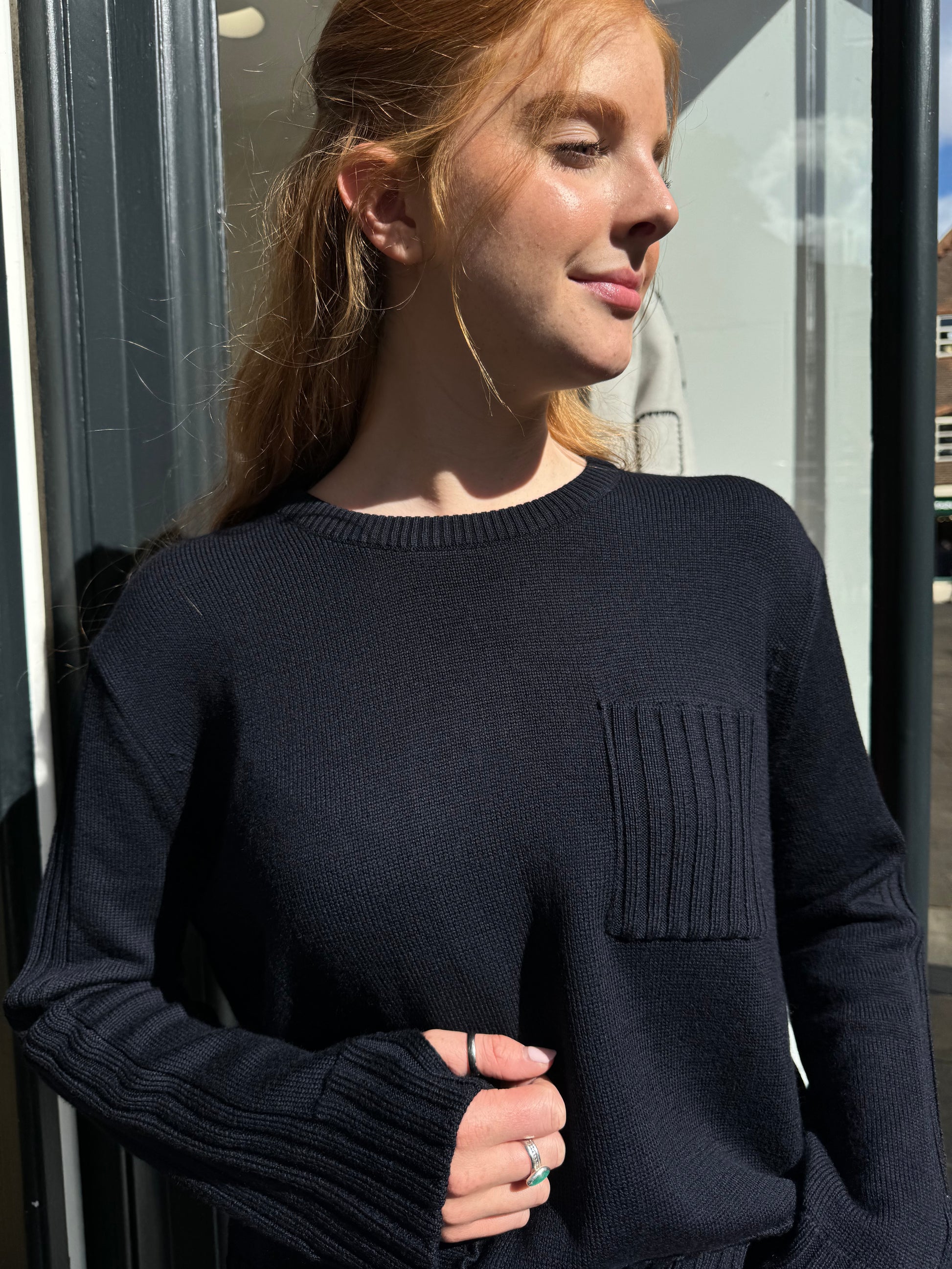 navy merino wool jumper with front patch pocket 