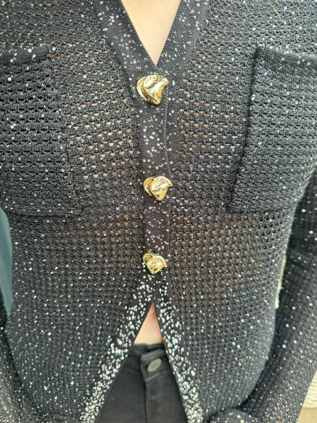 Black Sequin Pointelle Knit Top