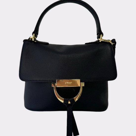 Small navy handbag with gold touches with a longer and short strap.