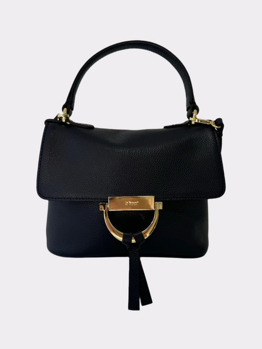 Small navy handbag with gold touches with a longer and short strap.