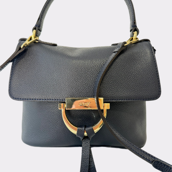 Small navy handbag with gold touches with a longer and short strap.