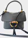 Small navy handbag with gold touches with a longer and short strap.