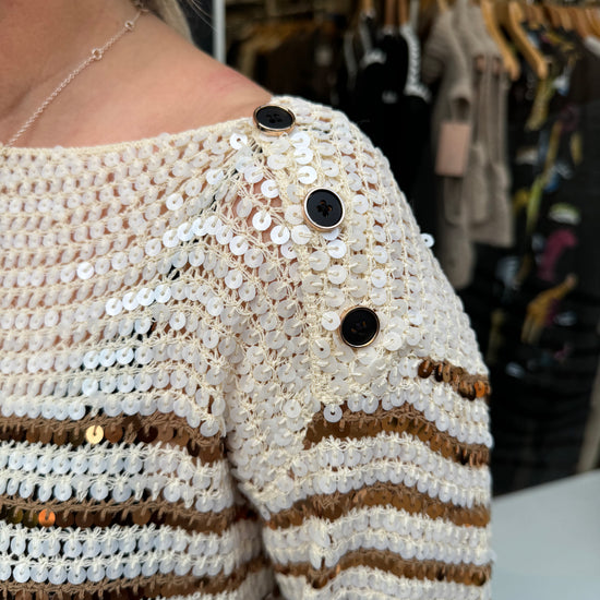 Sequin sparkly slightly off the shoulder jumper with camel stripes