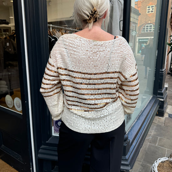 Sequin sparkly slightly off the shoulder jumper with camel stripes