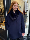 Navy coat with faux fur collar.