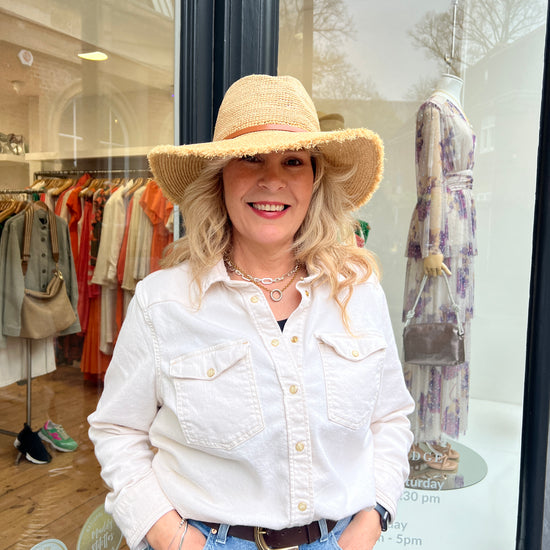 Adjustable sized Raffia hat with a broad rim and leather look detail