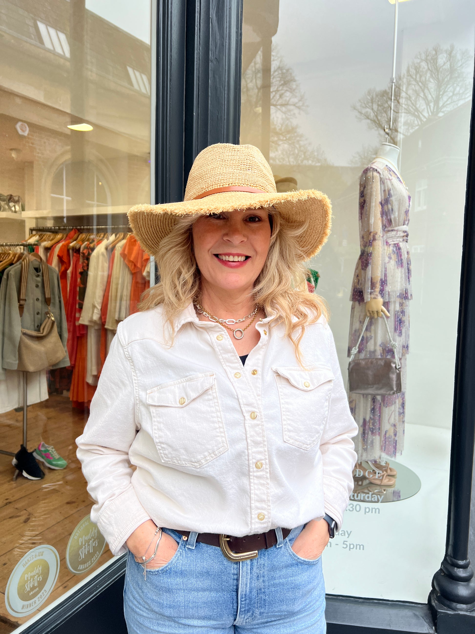 Adjustable sized Raffia hat with a broad rim and leather look detail