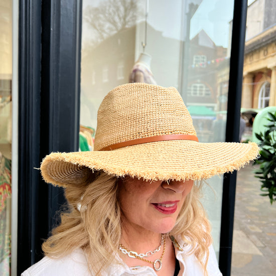 Adjustable sized Raffia hat with a broad rim and leather look detail