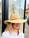Adjustable sized Raffia hat with a broad rim and leather look detail