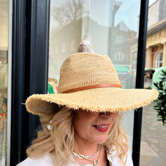 Adjustable sized Raffia hat with a broad rim and leather look detail