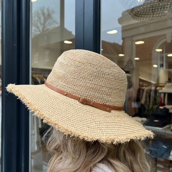 Adjustable sized Raffia hat with a broad rim and leather look detail