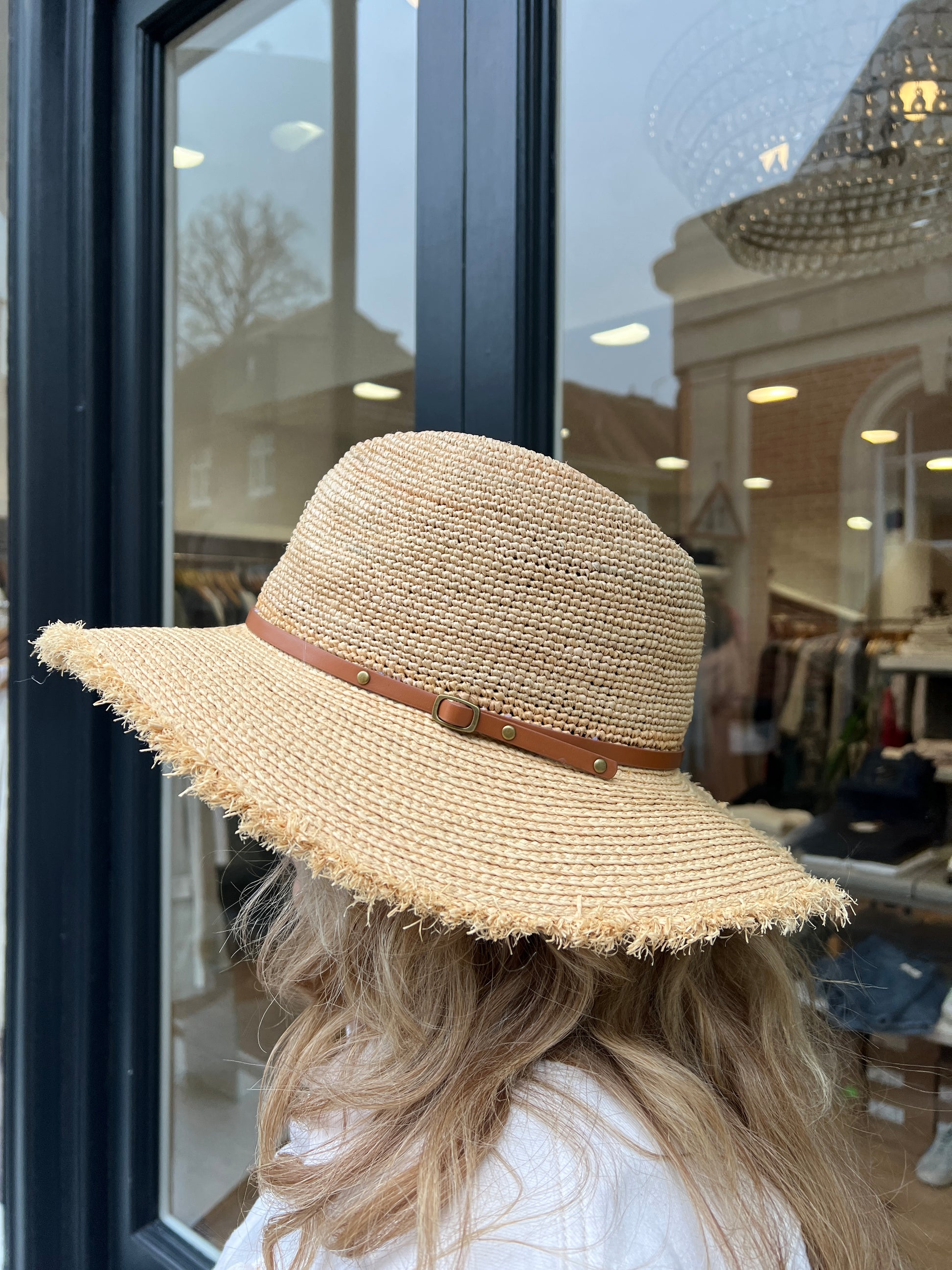 Adjustable sized Raffia hat with a broad rim and leather look detail