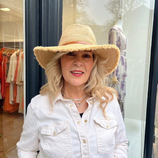 Adjustable sized Raffia hat with a broad rim and leather look detail