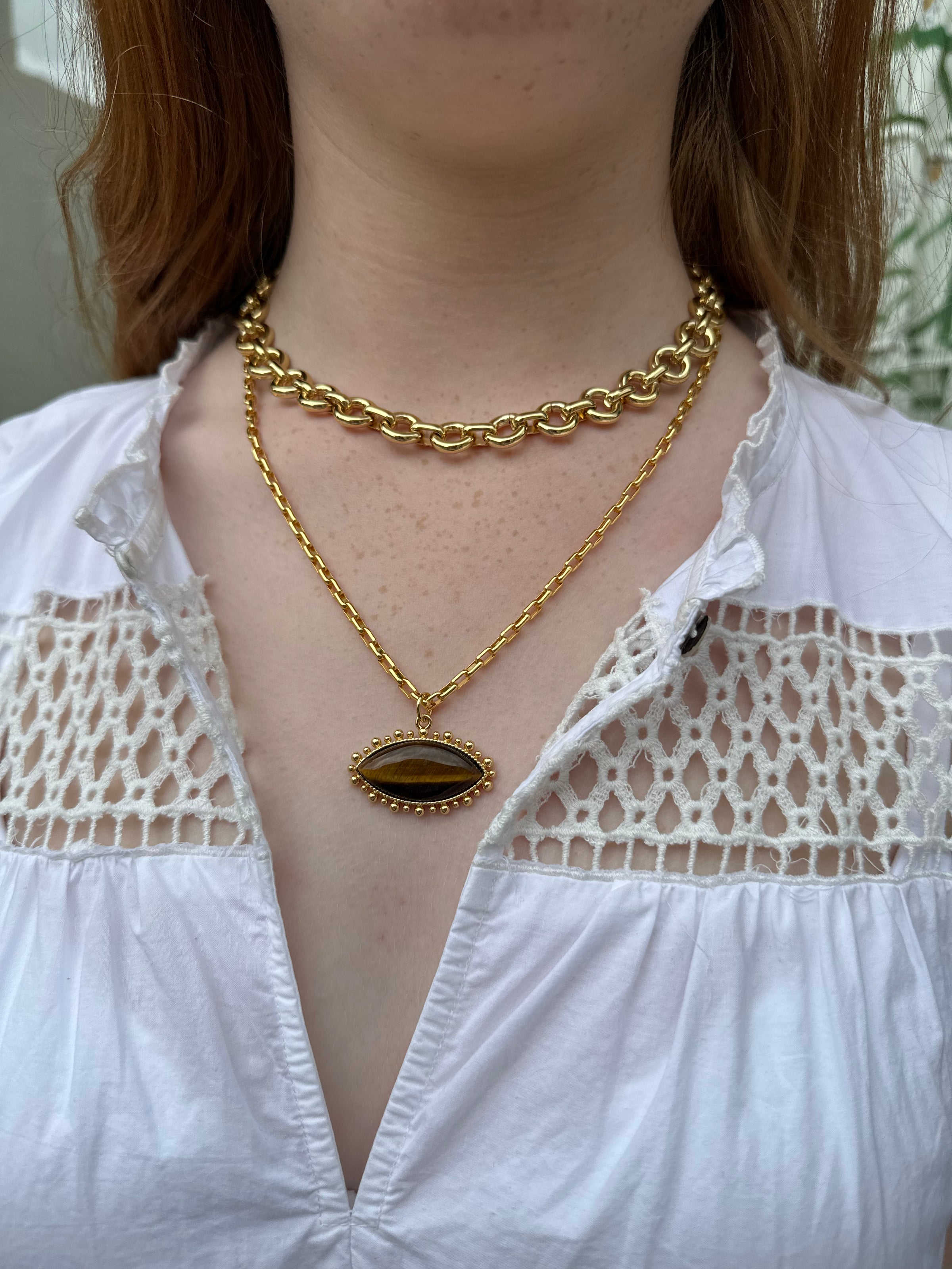 tiger eye pendant with natural stone gold chain