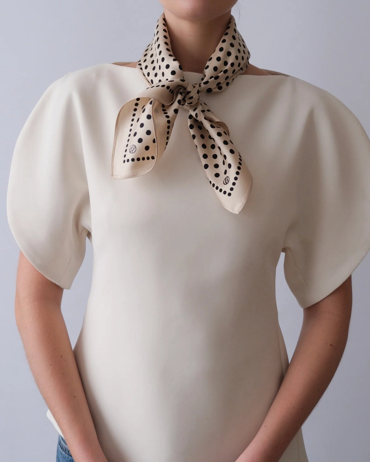 Person wearing a beige blouse with a polka dot scarf on a plain background