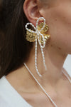 Asymmetrical Flower Earrings Dangling Pearl